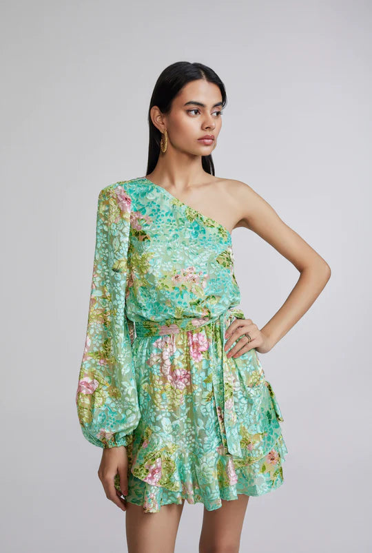 Azra One Shoulder Dress Teal Floral - Hemant & Nandita