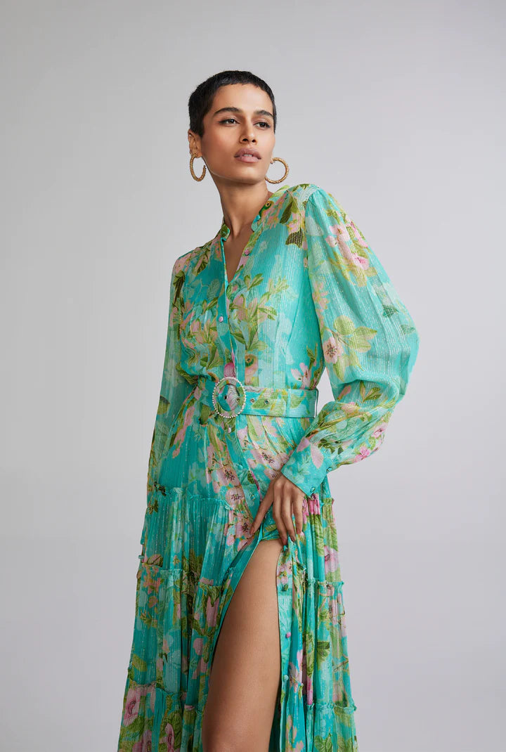 Azra Long Shirt Dress Teal Floral - Hemant & Nandita