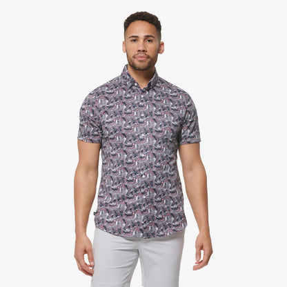 Halyard SS Dress Shirt Navy Palm Print - Mizzen + Main