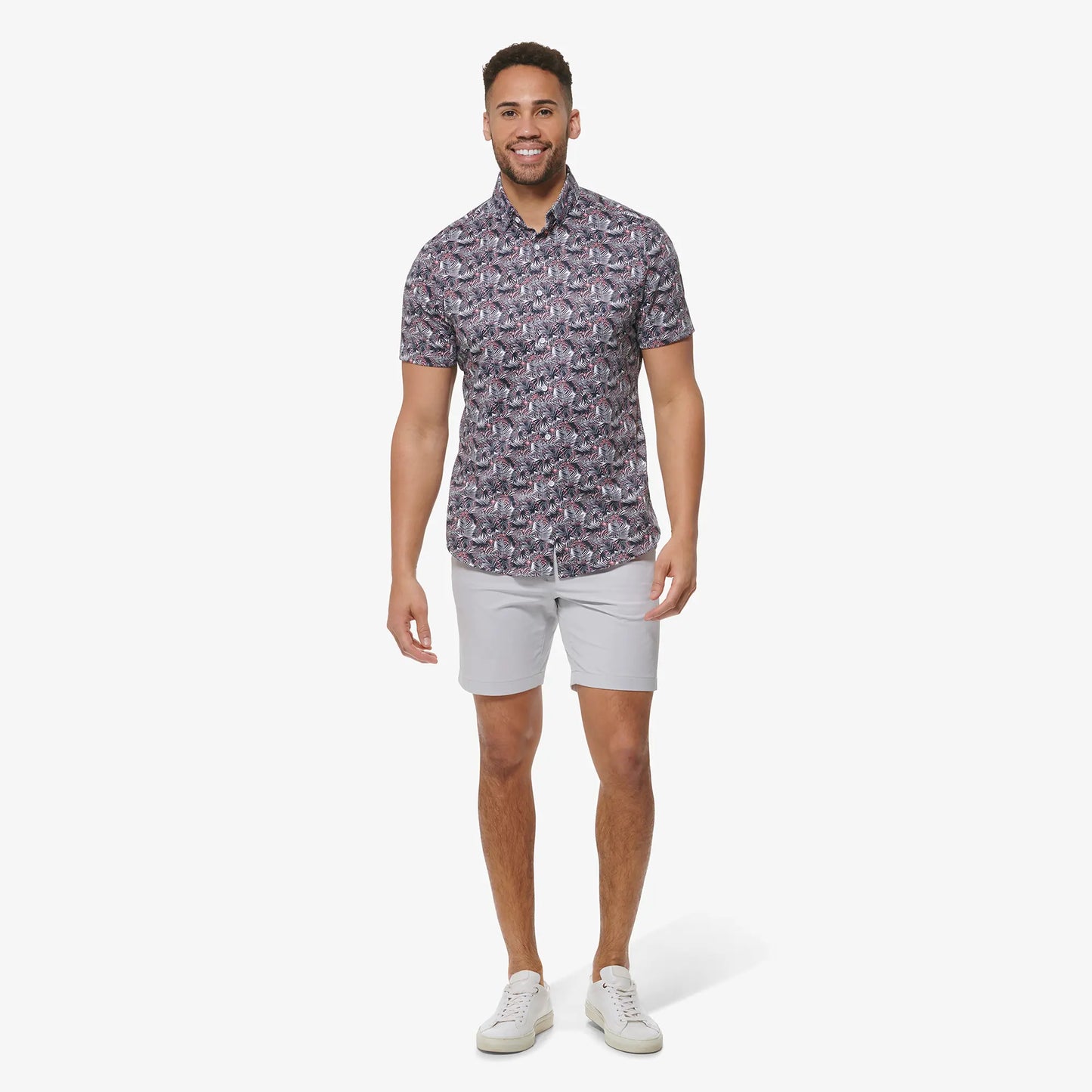 Halyard SS Dress Shirt Navy Palm Print - Mizzen + Main