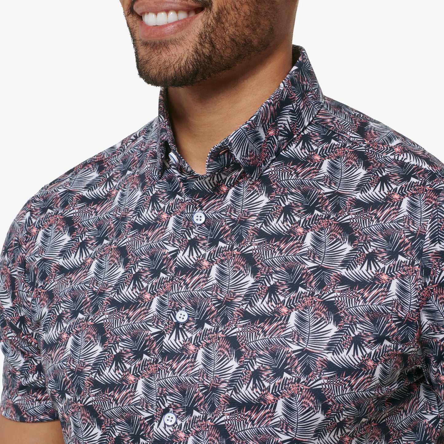 Halyard SS Dress Shirt Navy Palm Print - Mizzen + Main