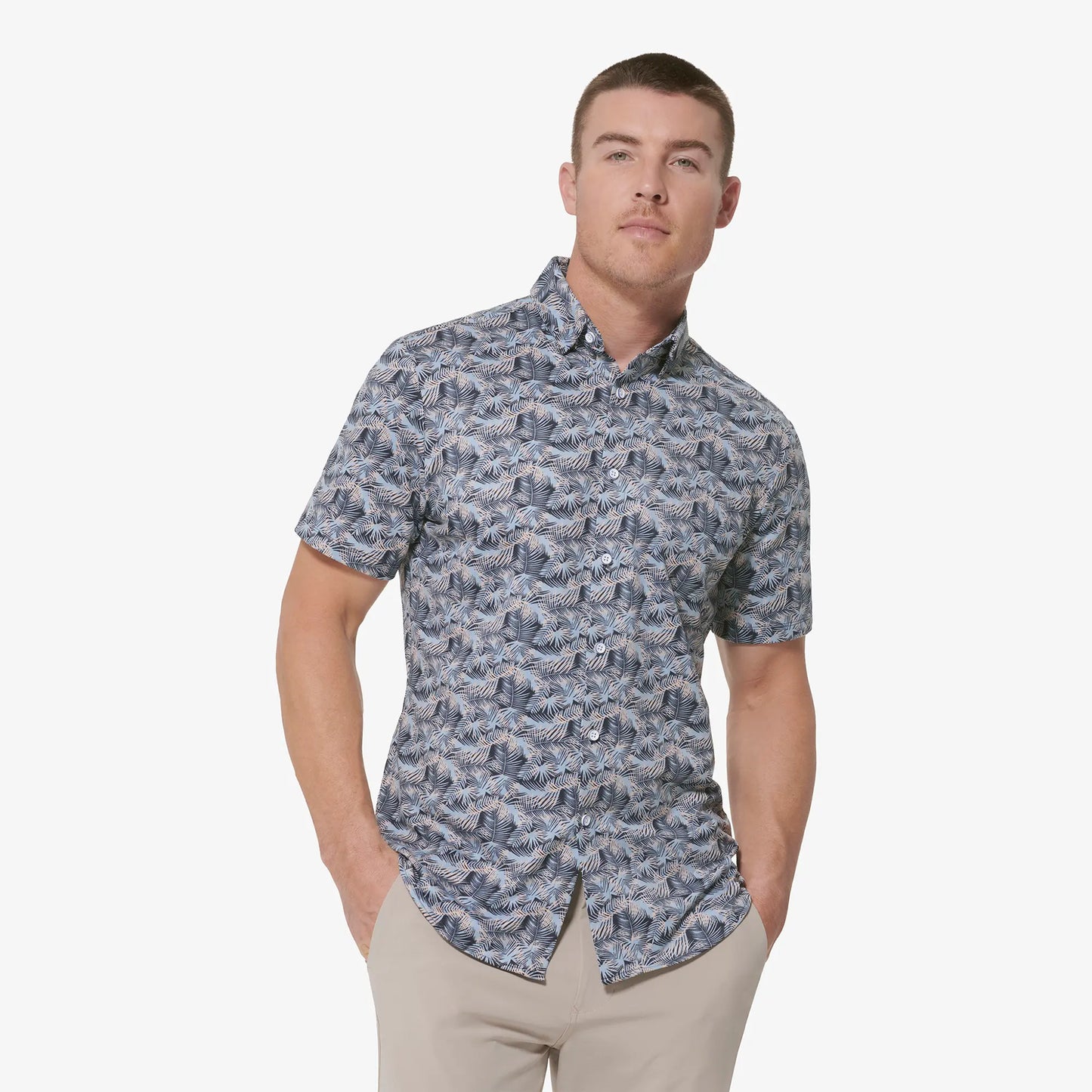 Halyard SS Dress Shirt Blue Print Palm - Mizzen + Main