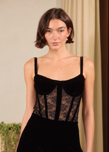 Valentyna Velvet Corset Bodysuit Black - CAMI NYC
