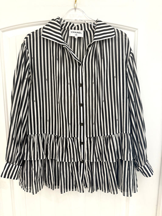 Rhinestone Double CC Striped Shirt Dress - Chanel