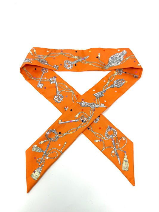Les Cles A Pois Silk Twilly Scarf Orange - Hermes