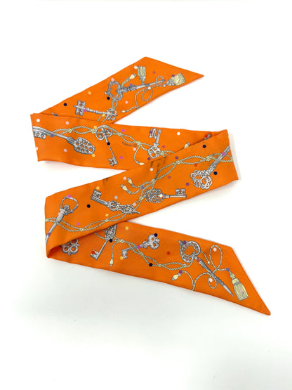 Les Cles A Pois Silk Twilly Scarf Orange - Hermes