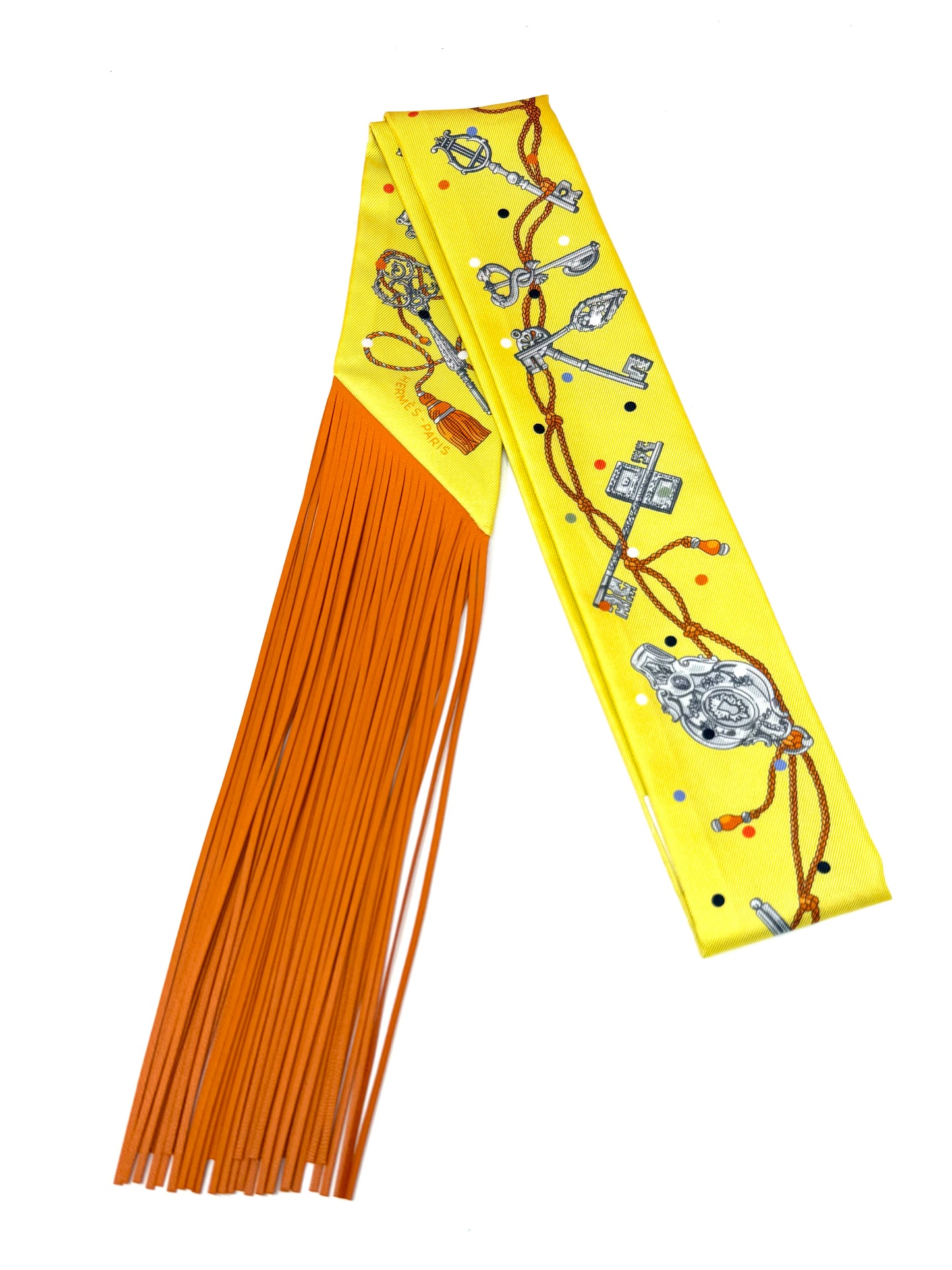 Les Cles A Pois Leather Fringe Twilly Yellow/Orange - Hermes