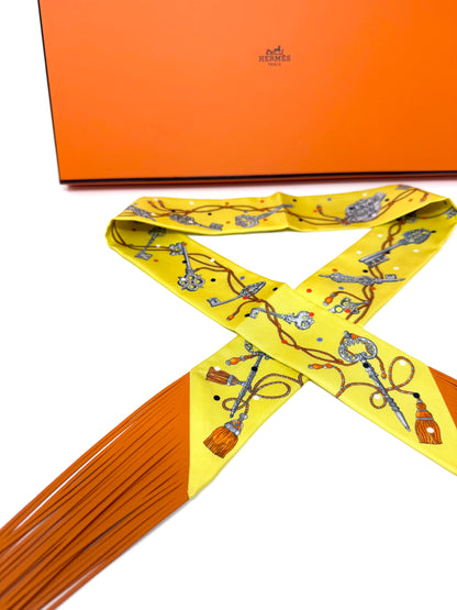 Les Cles A Pois Leather Fringe Twilly Yellow/Orange - Hermes
