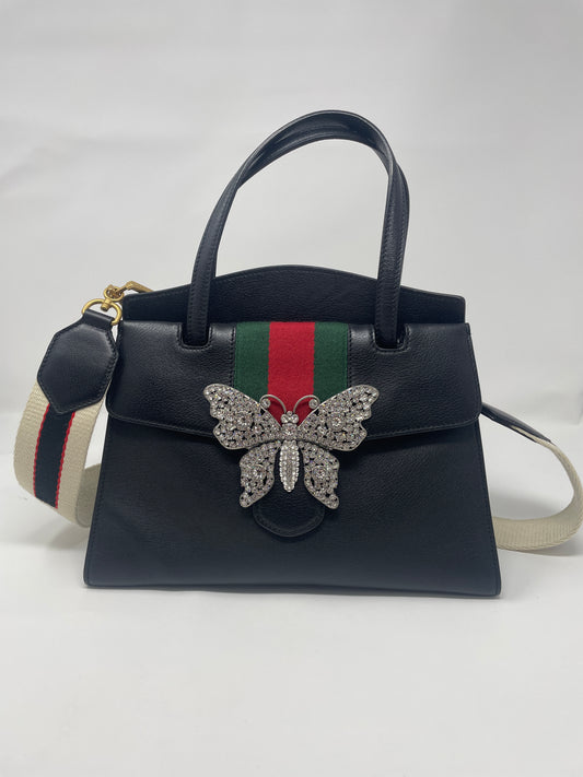 Grained Calfskin Web Crystal Butterfly Stripe Large Totem Top Handle Bag Black - Gucci