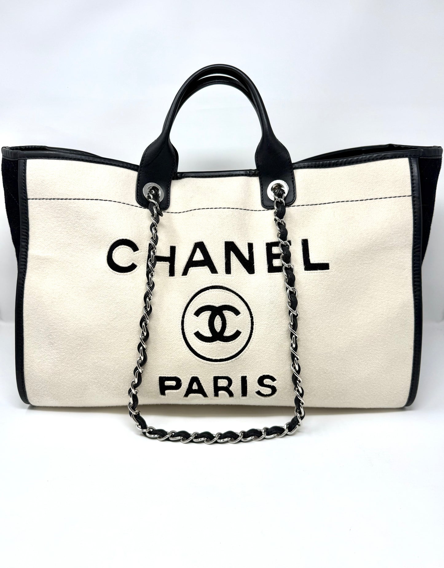 Large Deauville Wool Felt Tote White/Black - Chanel