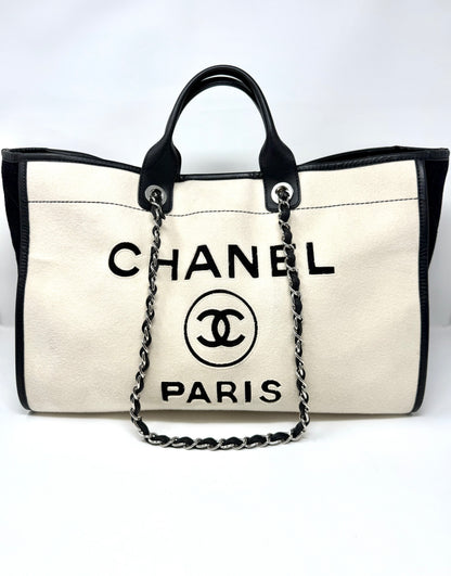 Large Deauville Wool Felt Tote White/Black - Chanel
