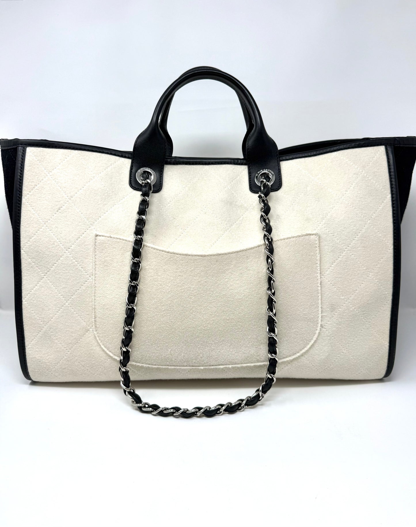 Large Deauville Wool Felt Tote White/Black - Chanel