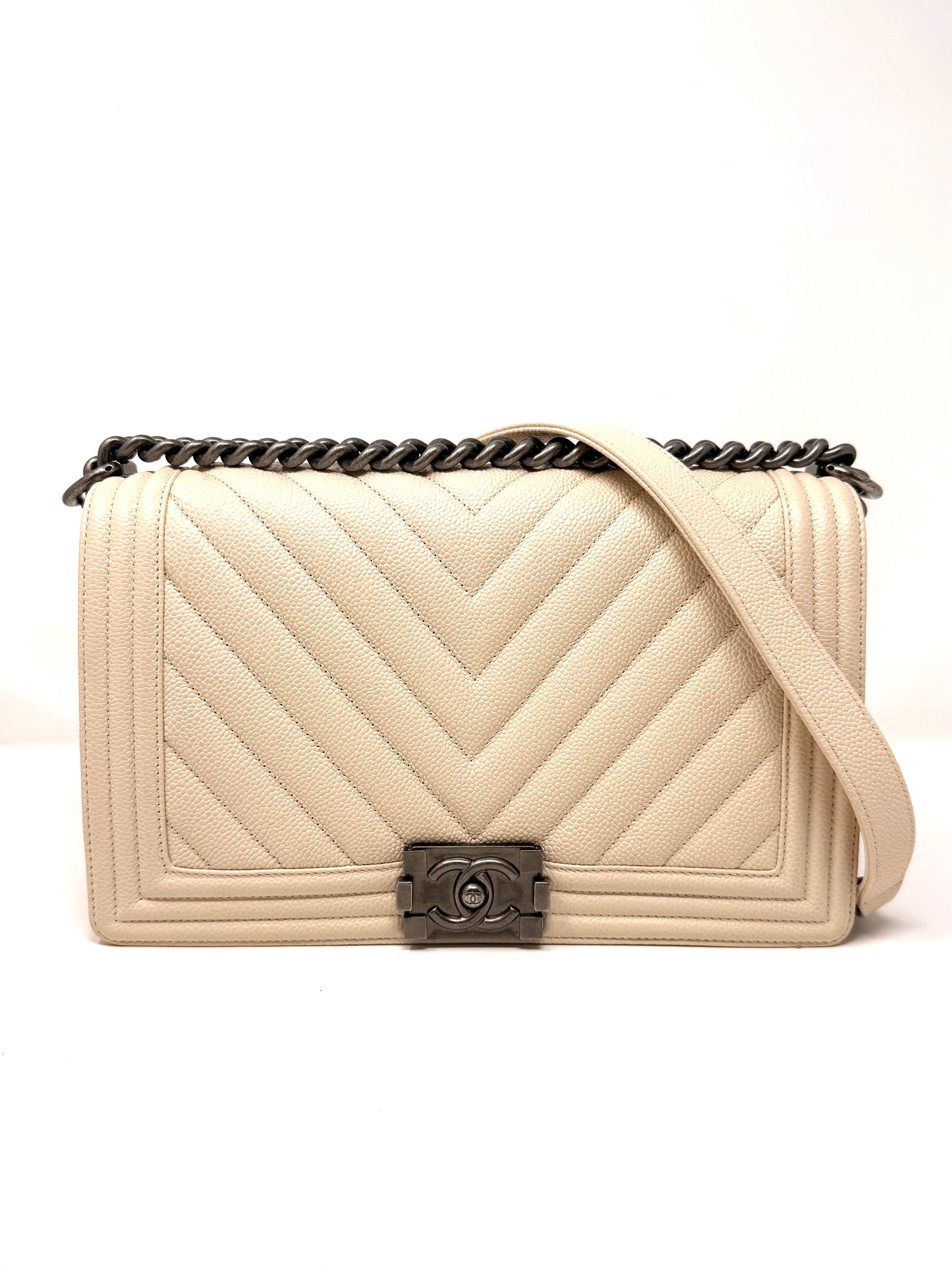 Caviar Chevron Medium Boy Bag Ivory - Chanel