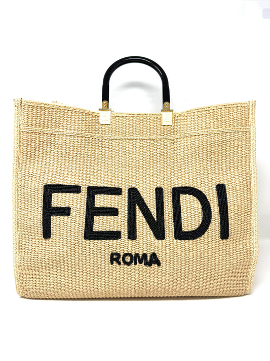 Sunshine Large Raffia Tote Beige/Black - FENDI