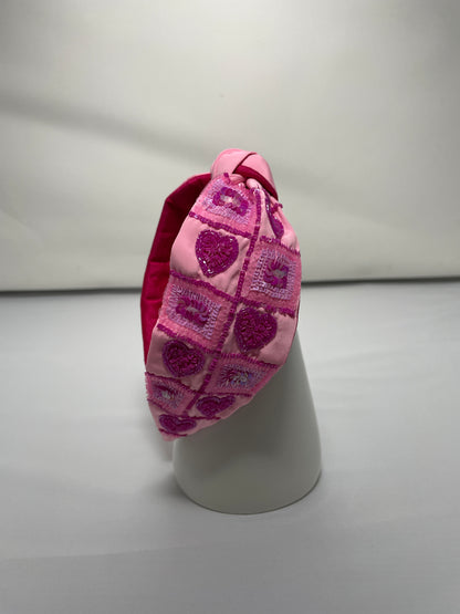 Heart Checkerboard Sequin Headband Pink - Missy Fashion Accessories