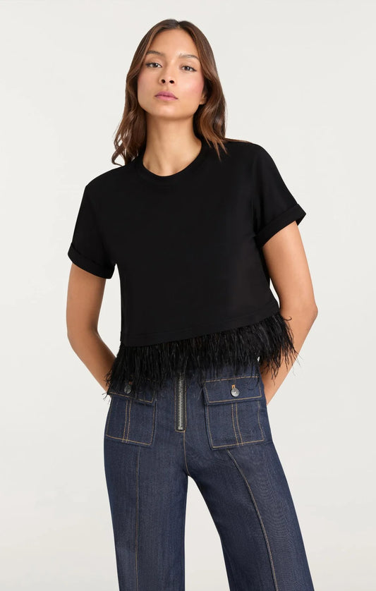 Short Sleeve Cropped Feather Tee Black - Cinq à Sept