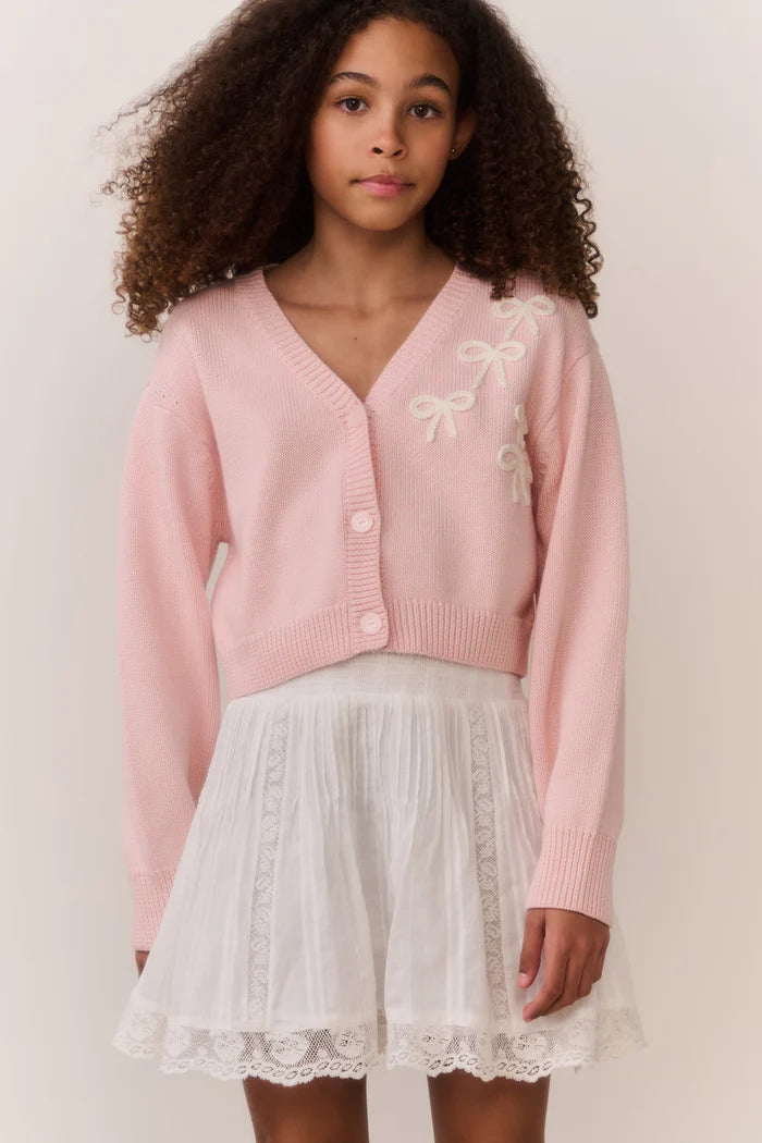 Tween Jayne Bow Embroidered Cardigan Petal Meringue - LoveShackFancy