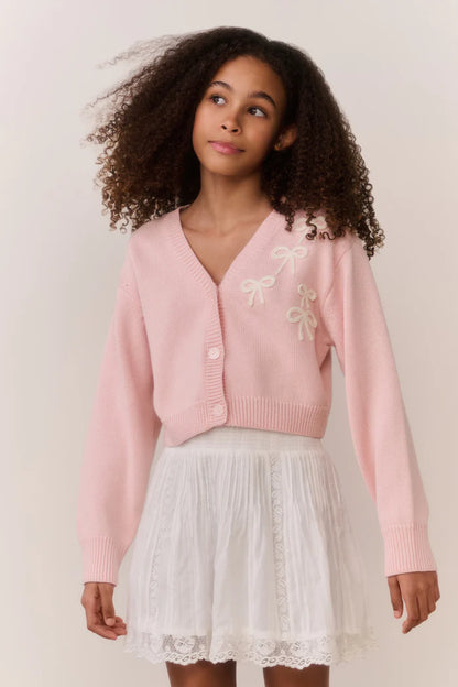 Tween Jayne Bow Embroidered Cardigan Petal Meringue - LoveShackFancy