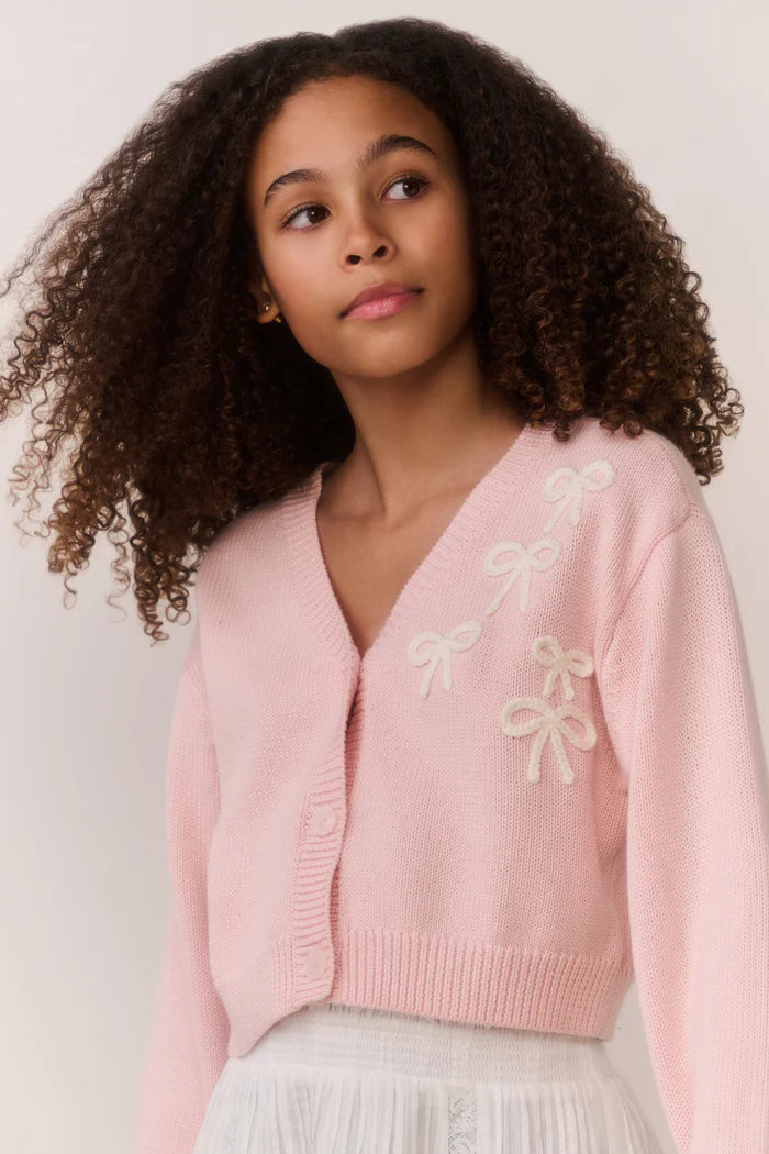 Tween Jayne Bow Embroidered Cardigan Petal Meringue - LoveShackFancy