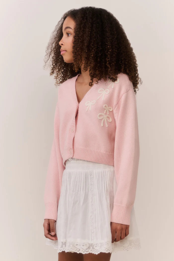 Tween Jayne Bow Embroidered Cardigan Petal Meringue - LoveShackFancy