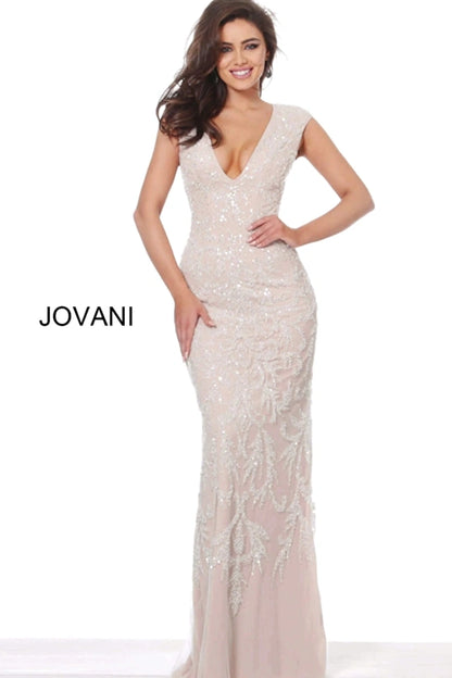 Plunging Neck Embellishment Dress Silver Nude - Jovani