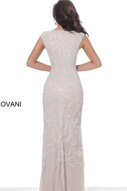 Plunging Neck Embellishment Dress Silver Nude - Jovani