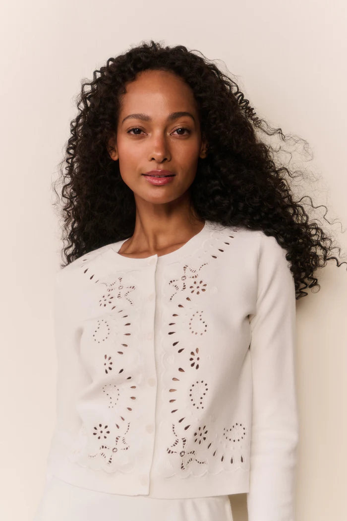 Leda Bandana Eyelet Knit Cardigan White Vanilla - LoveShackFancy