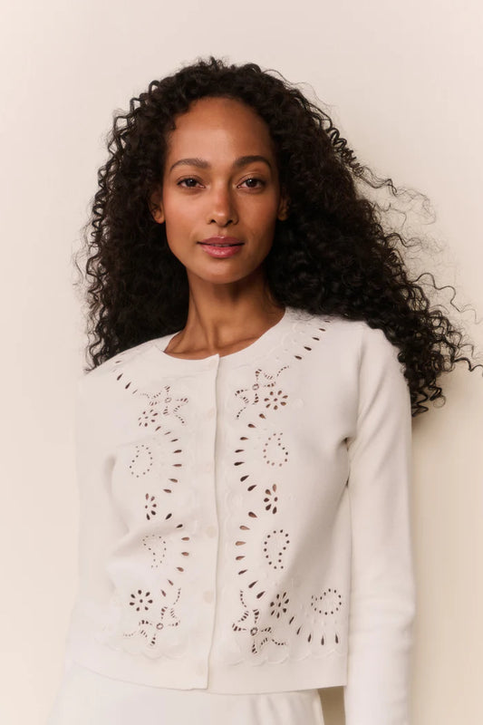 Leda Bandana Eyelet Knit Cardigan White Vanilla - LoveShackFancy
