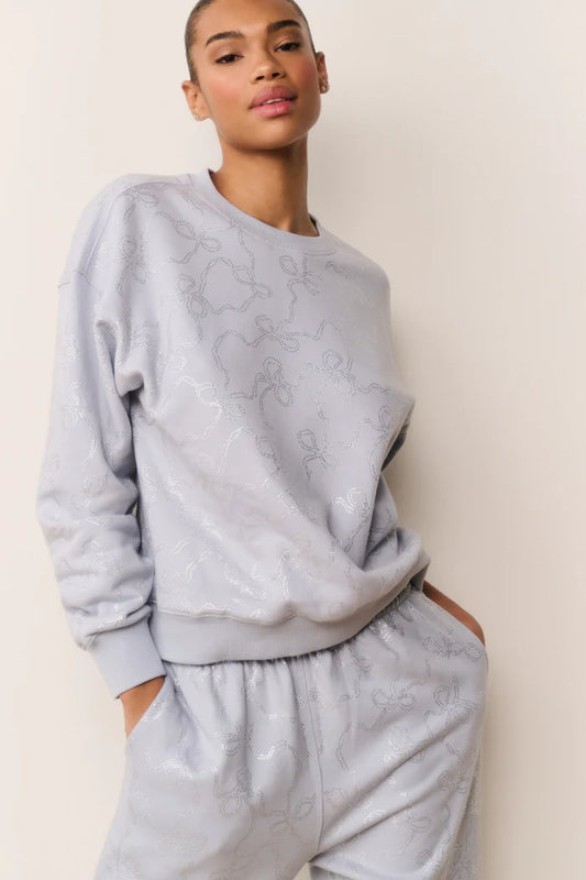 Karabeth Bow Embellished Fleece Pullover Aspen Blue - LoveShackFancy
