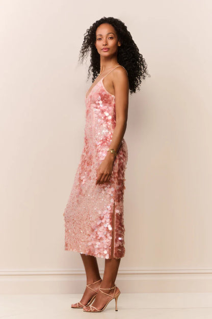 Kayleen Sequin Midi Dress Malibu Peach - LoveShackFancy