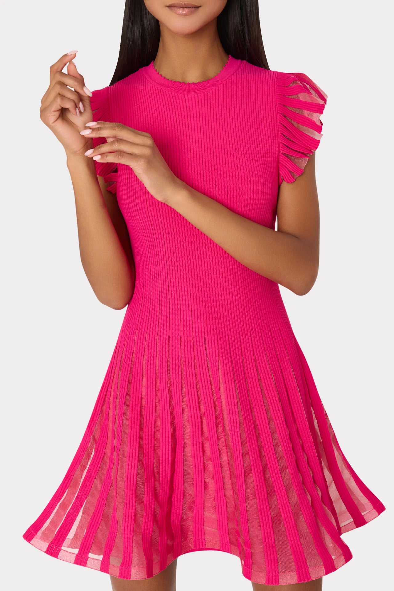 Sheer Flutter Sleeve Knit Dress Pink - Milly