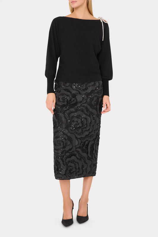 Rosemary Beaded Rosette Midi Skirt Blak - Milly