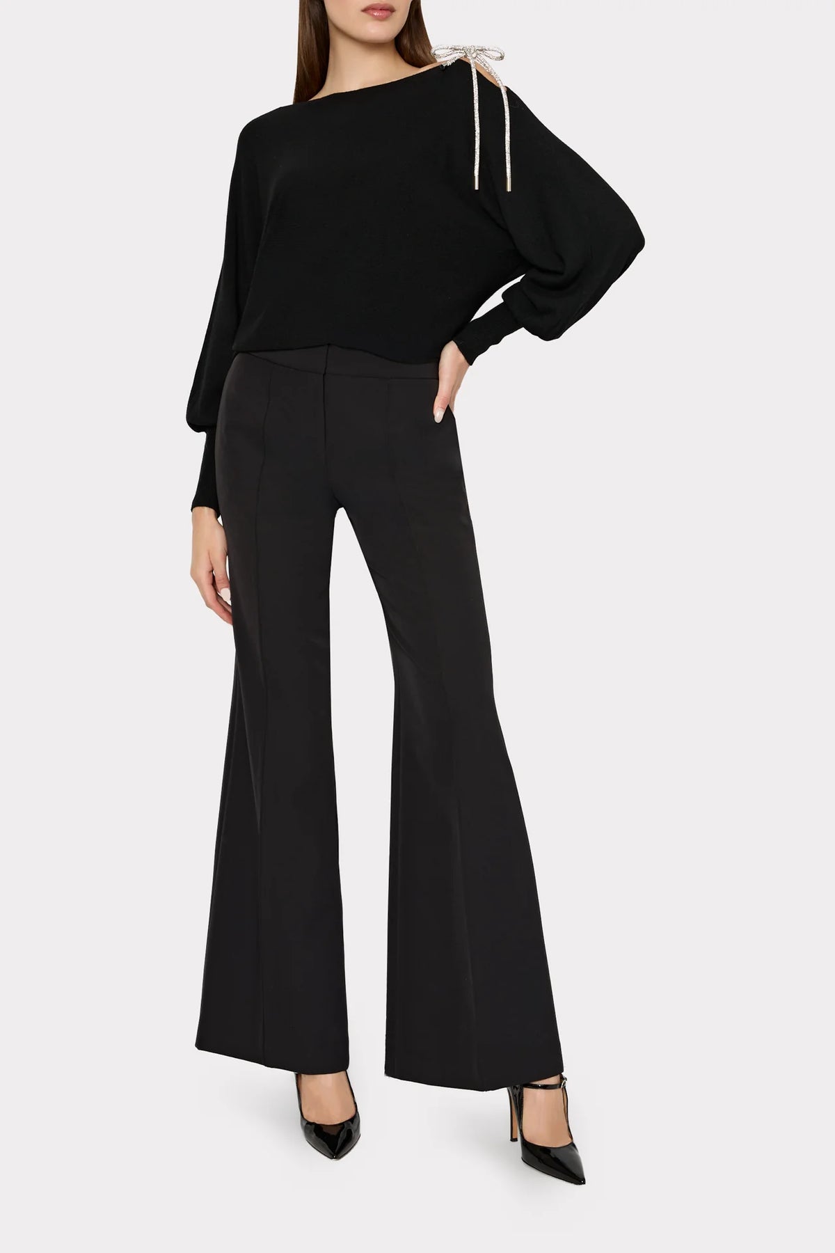Ida Crystal Bow Cold Shoulder Sweater Black - Milly
