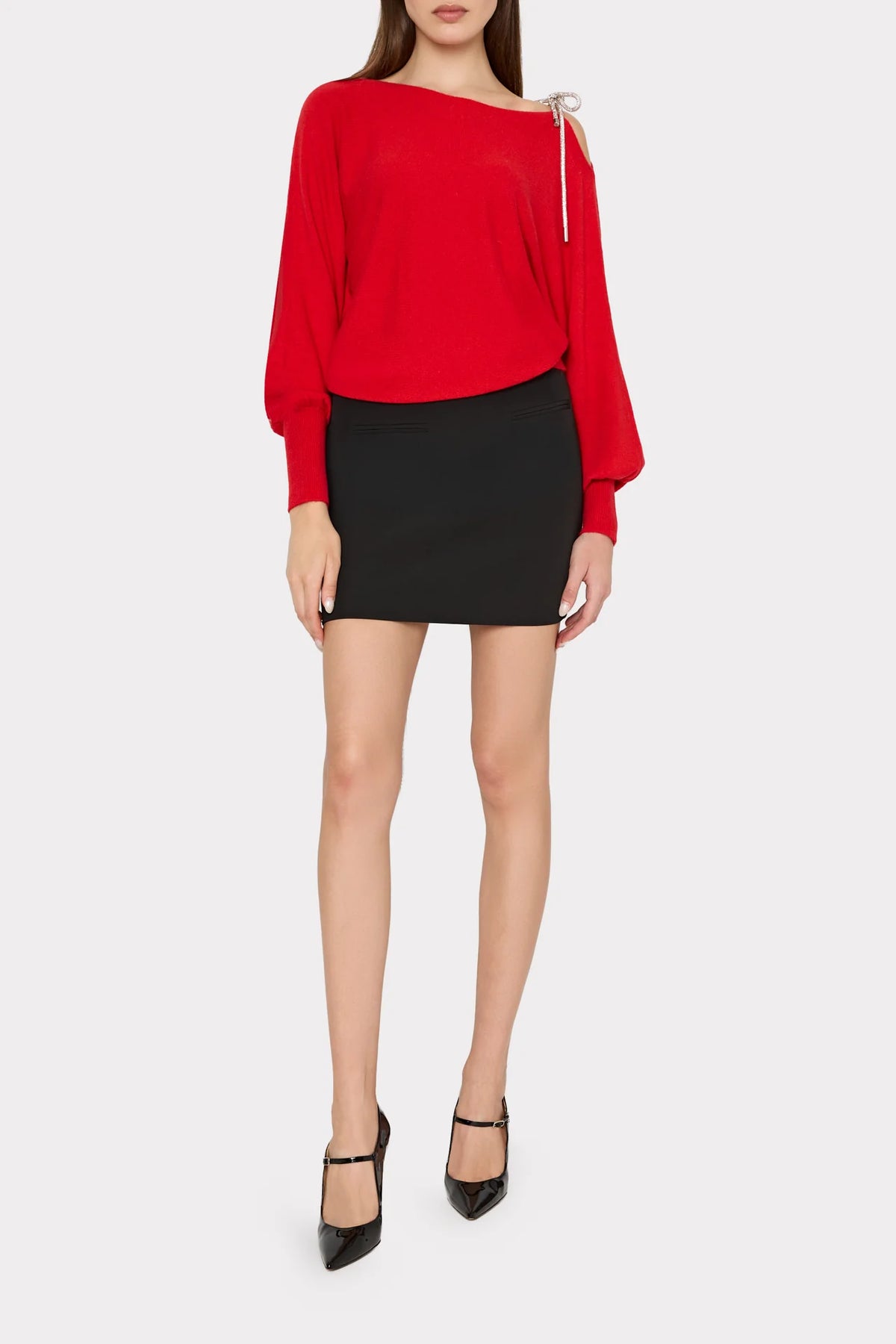 Ida Crystal Bow Cold Shoulder Sweater Red - Milly