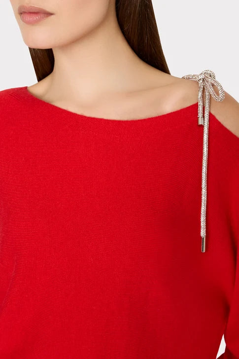 Ida Crystal Bow Cold Shoulder Sweater Red - Milly