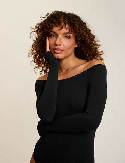 Ballet Off-Shoulder Bodysuit With Thumbholes Black - Commando