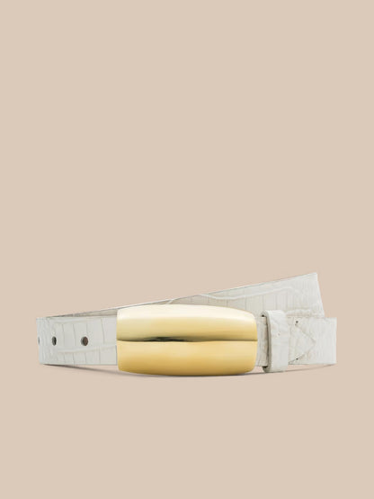 Marlowe Croc-Embossed Leather Belt Vintage White - L'AGENCE