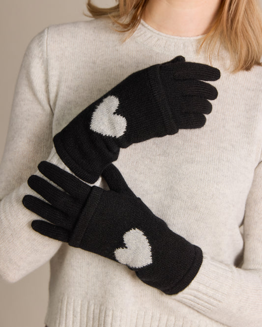 Cashmere Heart Intarsia Gloves Black - Alashan