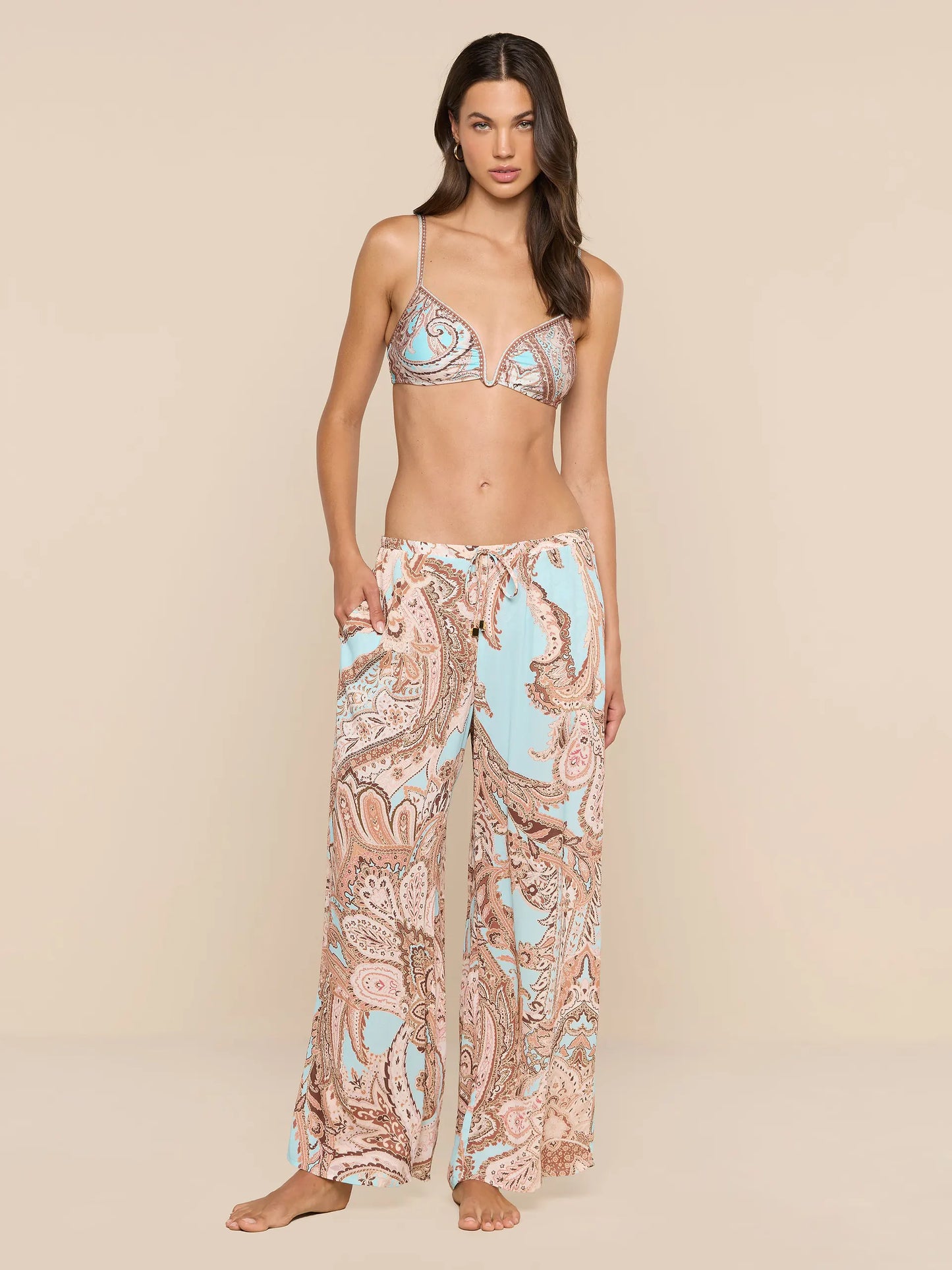Geraldine Cover-Up Pant Brown/Ice Blue Paisley - L'AGENCE