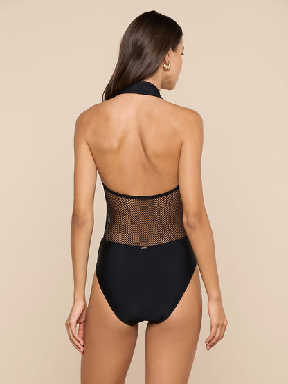 Natalya Collared One-Piece Swimsuit Black Mesh - L'AGENCE