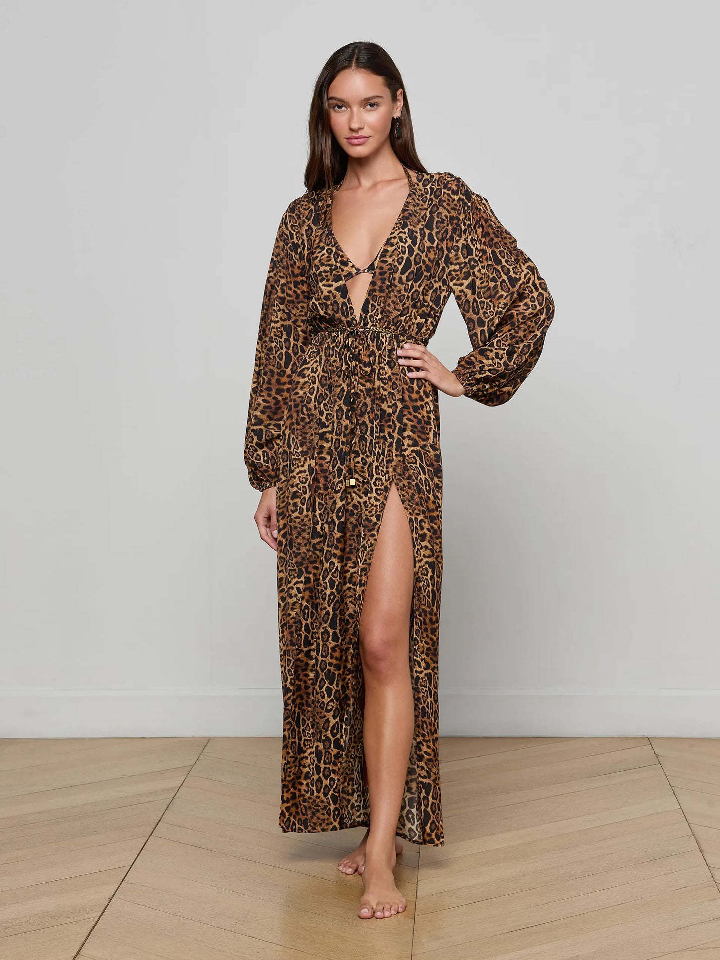 Sara Maxi Cover-Up Dress Brown Multi Patch Leopard - L'AGENCE