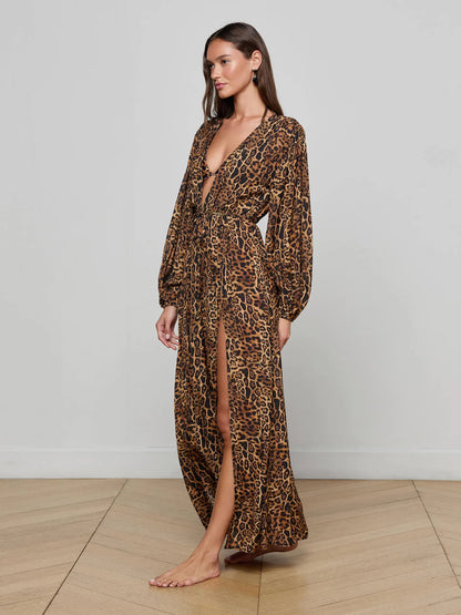 Sara Maxi Cover-Up Dress Brown Multi Patch Leopard - L'AGENCE