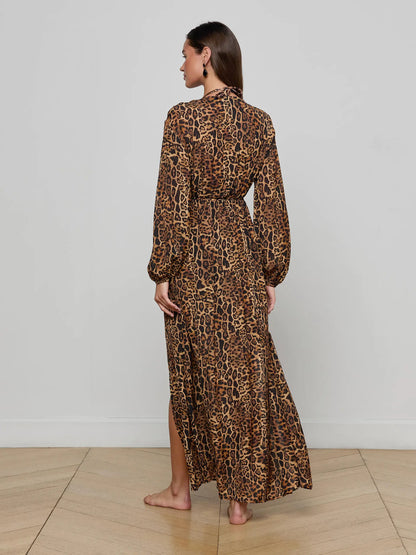 Sara Maxi Cover-Up Dress Brown Multi Patch Leopard - L'AGENCE