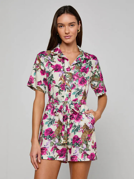 Hestia Cover-Up Romper Ivory/Rose Leopard Jungle - L'AGENCE