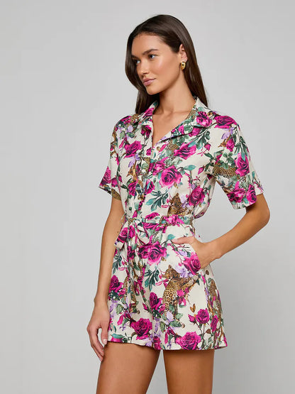 Hestia Cover-Up Romper Ivory/Rose Leopard Jungle - L'AGENCE