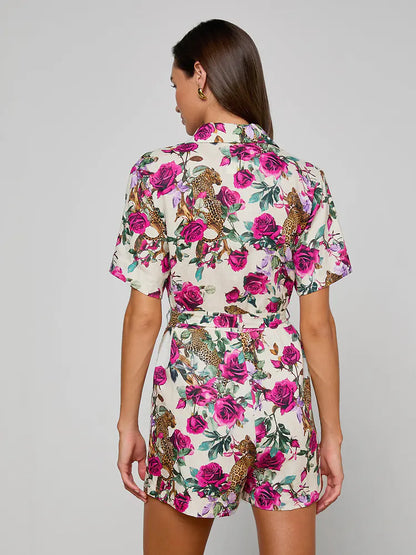 Hestia Cover-Up Romper Ivory/Rose Leopard Jungle - L'AGENCE