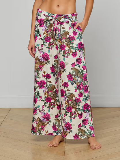 Geraldine Cover-Up Pant Ivory/Rose Leopard Jungle - L'AGENCE