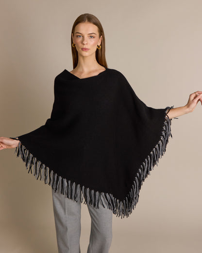 Merino Kali Reversible Fringe Poncho Black/Stone - Alashan