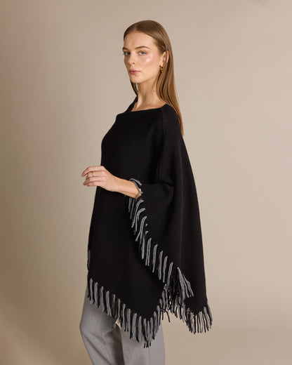 Merino Kali Reversible Fringe Poncho Black/Stone - Alashan