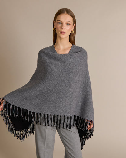 Merino Kali Reversible Fringe Poncho Black/Stone - Alashan